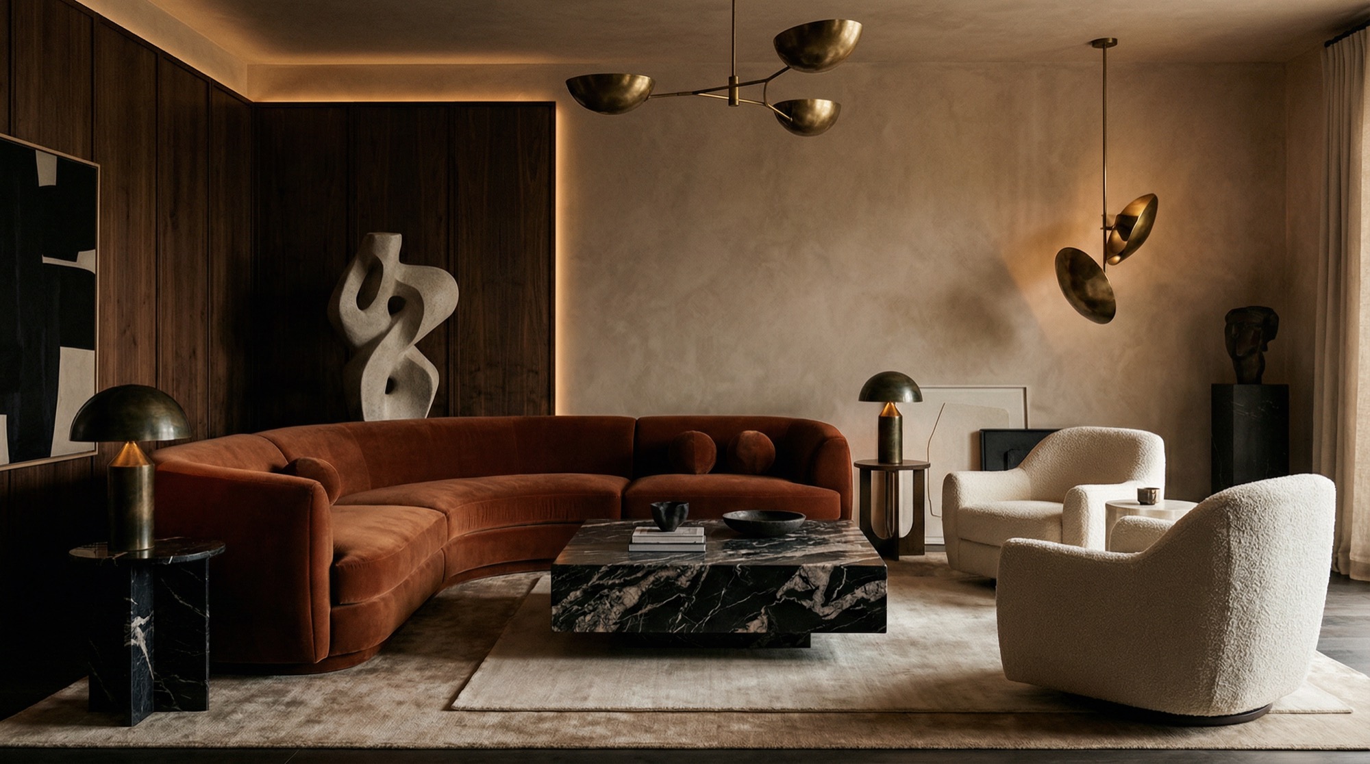 Sun-drenched living room with curved rust velvet sofa and marble coffee table