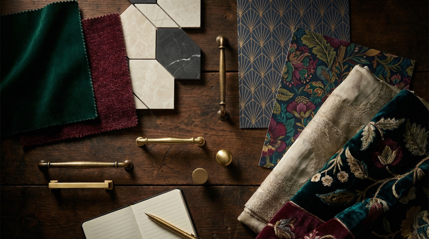 Curated materials and fabric samples flatlay